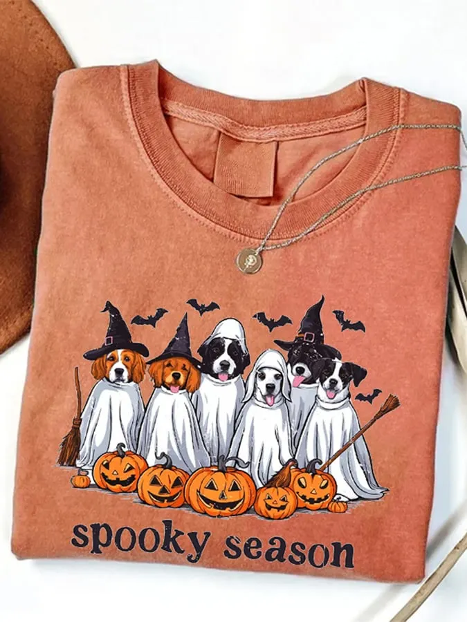 Women's Spooky Season Dog Halloween Circle Round -Neck Sweater 