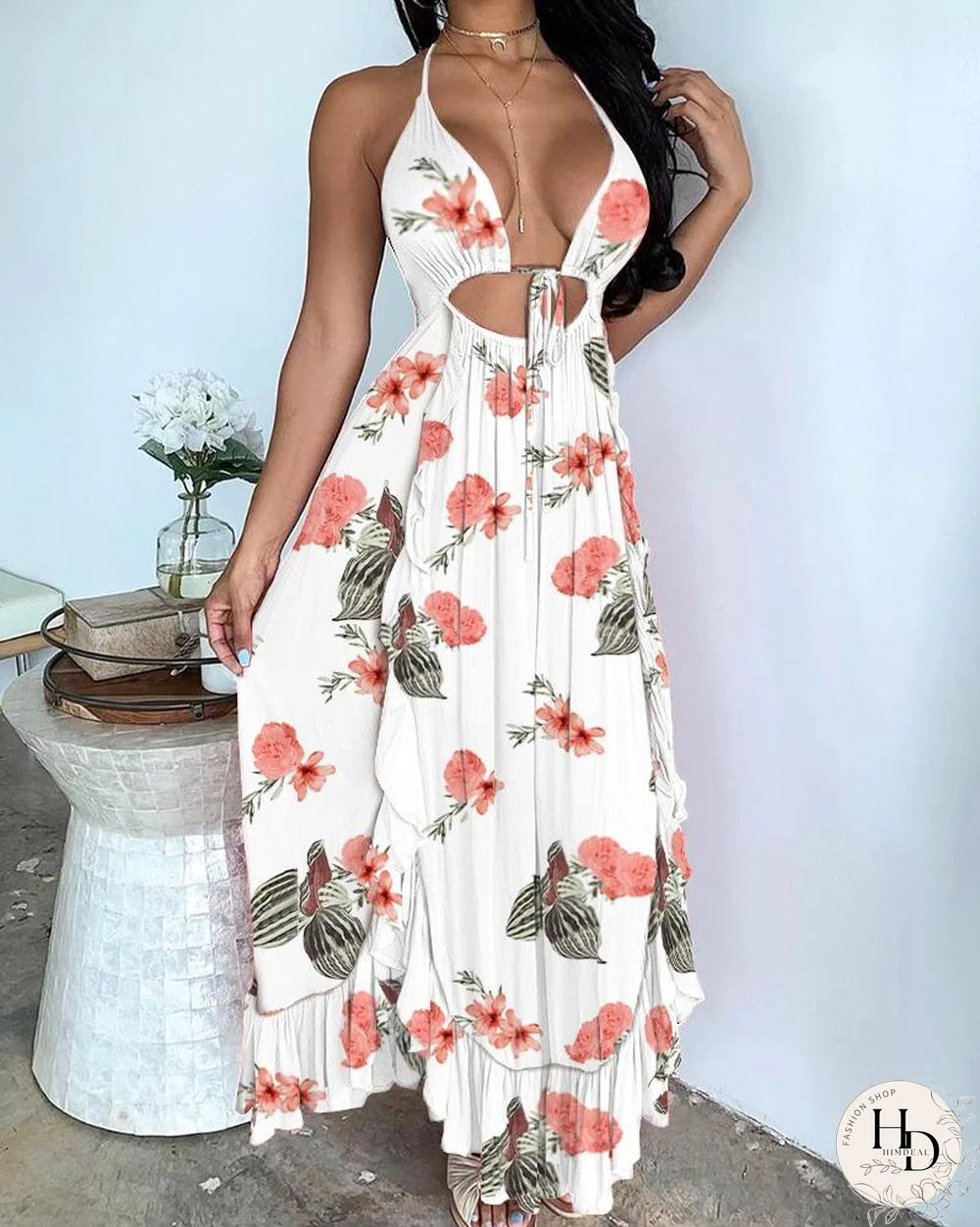 Vacational Backless Cutout Frill Hem Rose Floral Print Dress