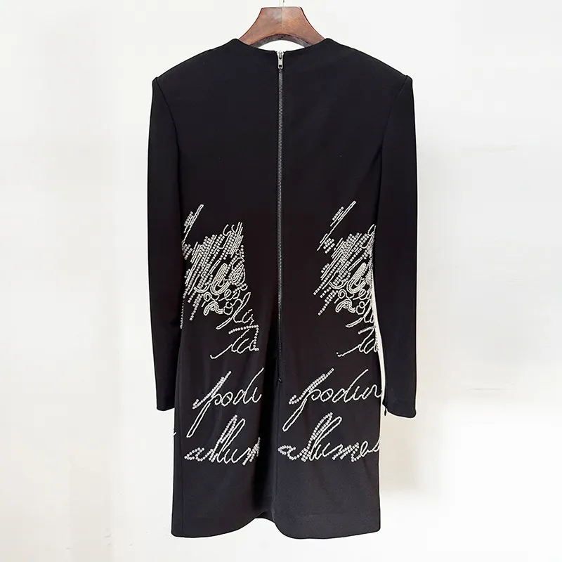 Nigikala Nigikala Star High Street Fashion Heavy Industry Letter Nail Beads Drill Body Elastic Long Sleeve Dress