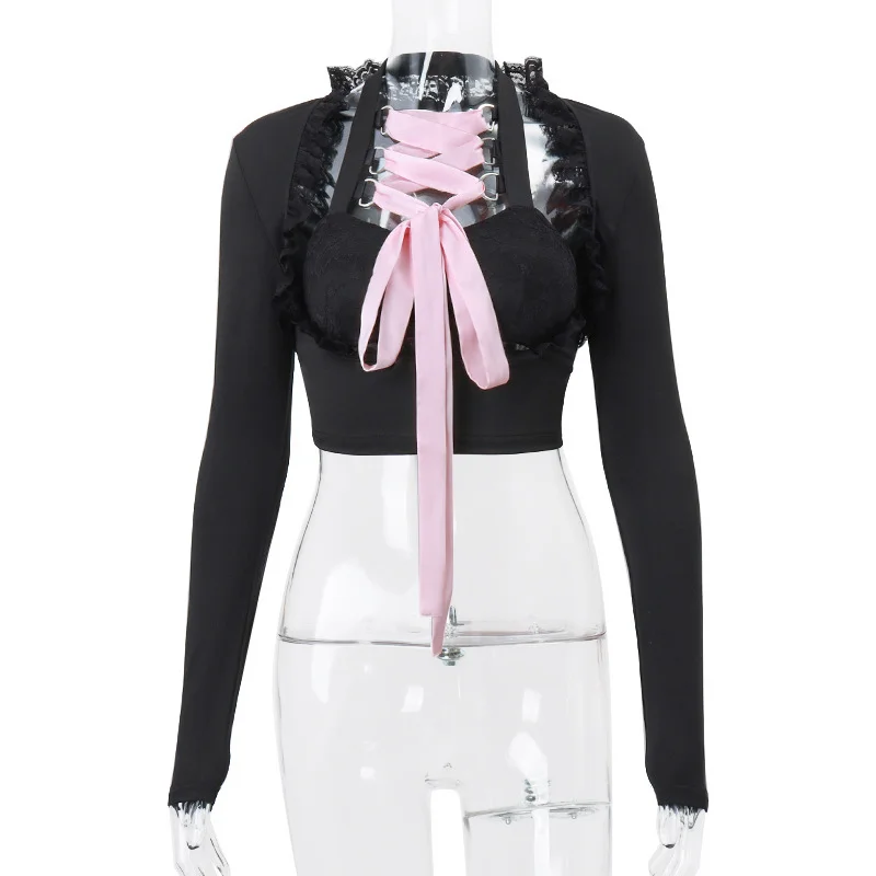 Uveng Uveng Winter New Ins Pure Desire Hot Girl Lace With Long Sleeve Top Lace Splicing Package Buttock Skirt Suit Female