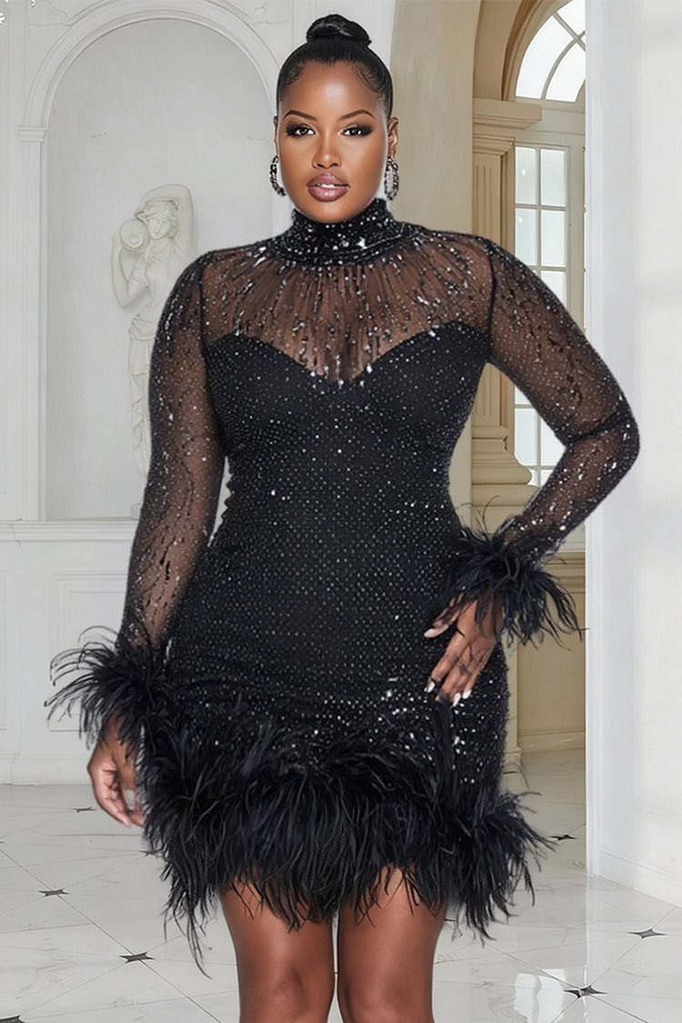 Xpluswear Design Plus Size Cocktail Party Sequin Black Mock Neck Long Sleeve Bodycon Feather Mesh Mini Dresses [Pre-Order]