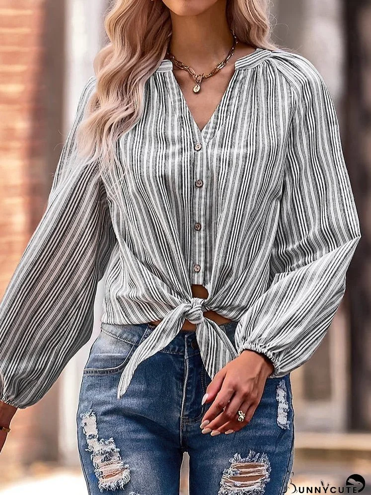 Stylish Slim Fit V-Neck Striped Long Sleeve Blouse
