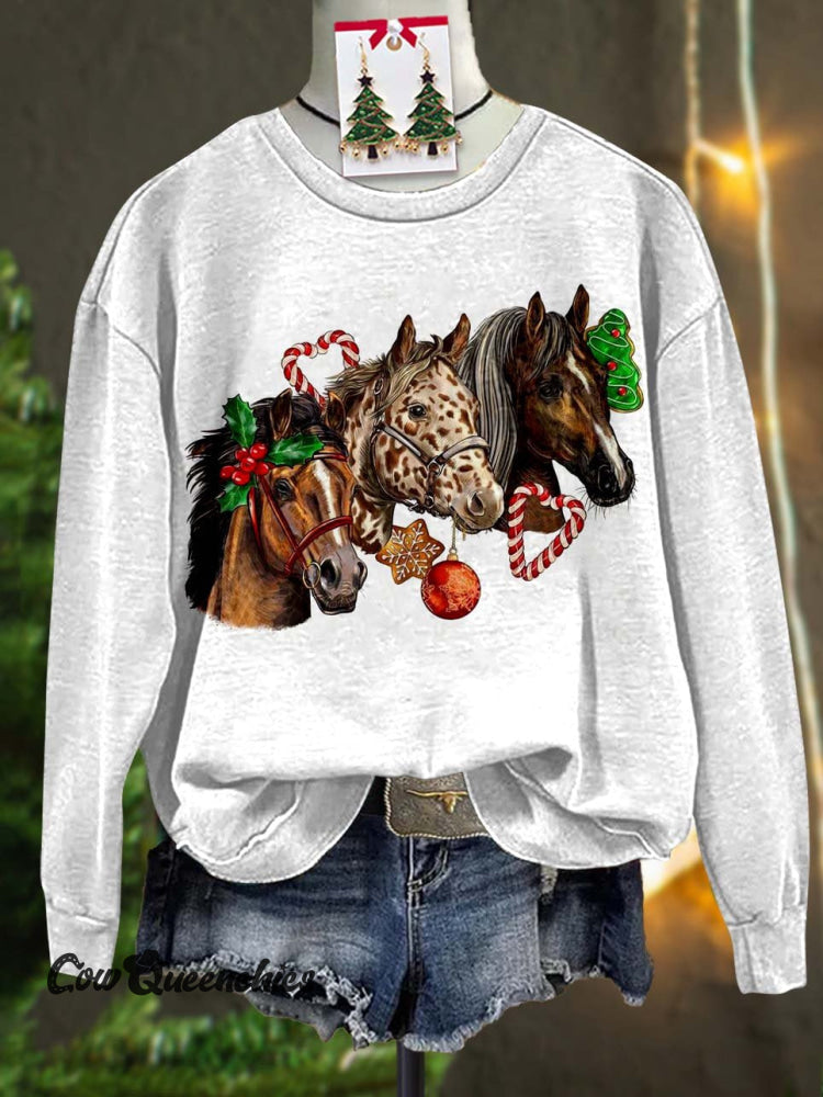 Christmas Horse Print Casual Sweatshirt White / S