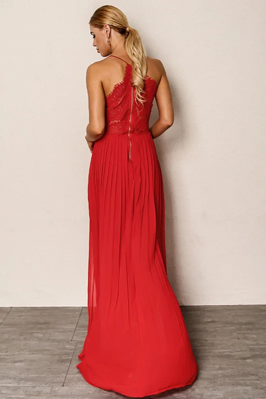 Sexy Red Spaghetti Straps Lace Prom Dresses Split Chiffon Evening Gowns 5345