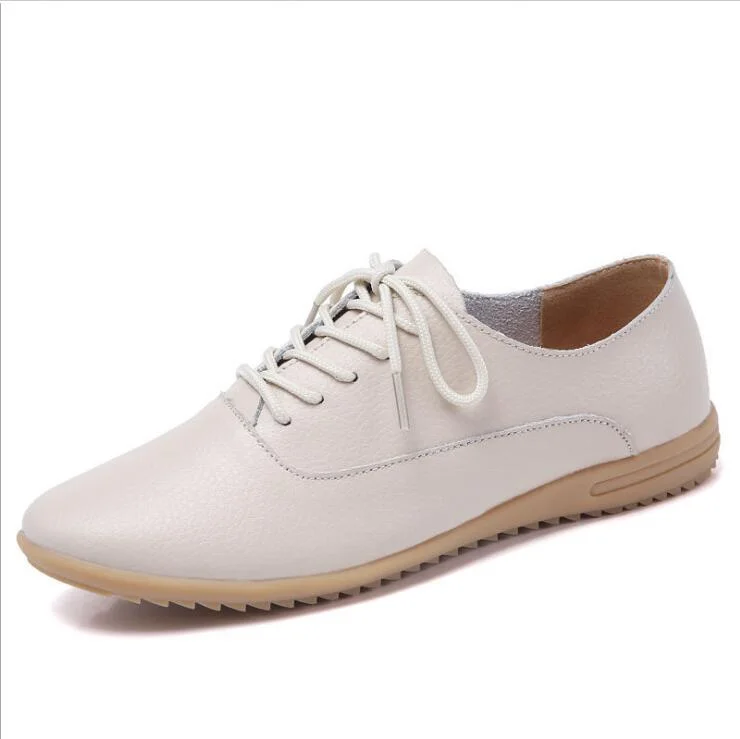 Spring Summer Women Oxford Lace-up Flats Women Genuine Leather Shoes Female Moccasins Low Heels Loafers White Casual Shoes