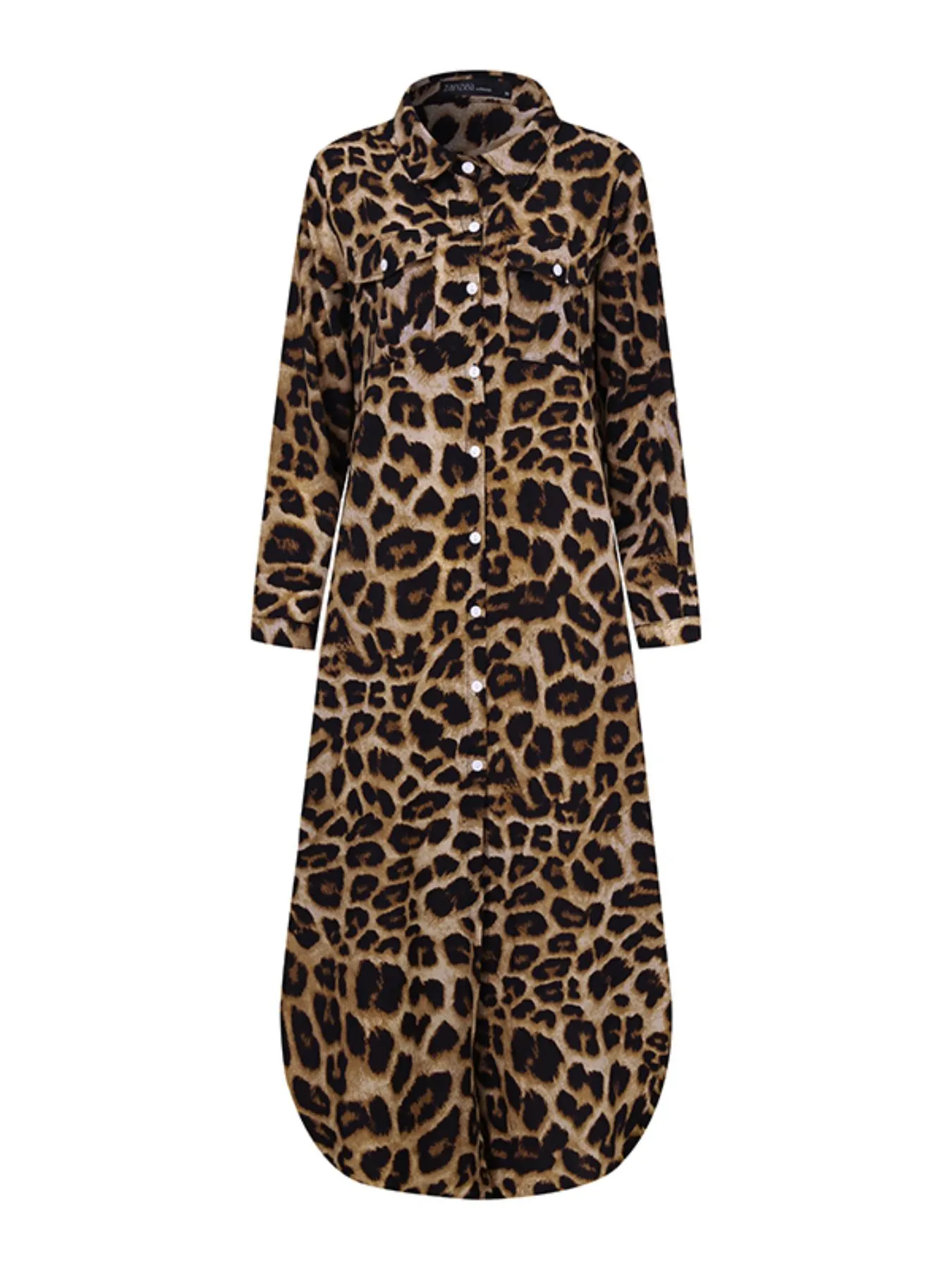 Women's Leopard Print Button Front Flap Pocket Shirt Fabric Dress, Casual Curved Hem Long Sleeve Collared Long Dress for Daily Wear, Ladies' Clothes for All Seasons, Womenswear