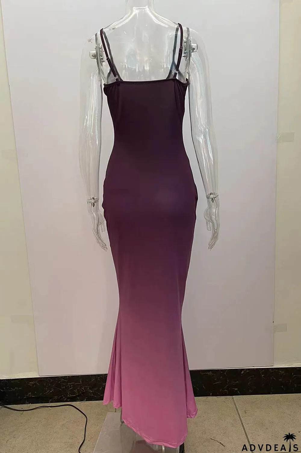 Rose Red Sexy Gradual Change Print Patchwork Spaghetti Strap Sling Dress Dresses