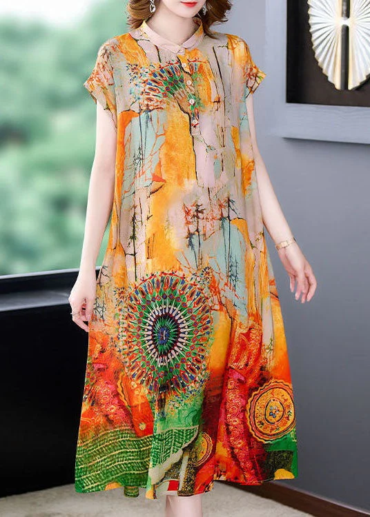 Chic Yellow Stand Collar Print Patchwork Silk Dress Summer