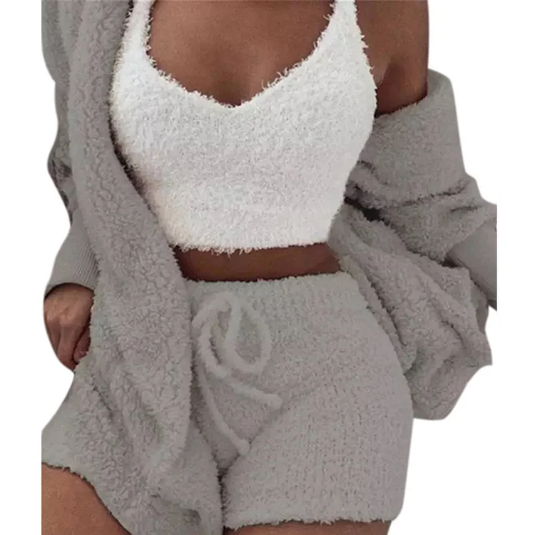 Womens Sexy Warm Fuzzy Fleece 3 Piece Outfits Pajamas Sherpa Coat Jacket Outwear And Spaghetti Strap Crop Top Shorts Set