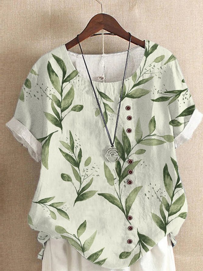Round Neck Leaves Buttoned Casual Blouse