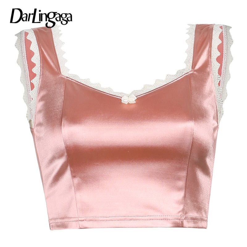 Darlingaga V Neck Lace Patchwork Satin Tank Top Women Sweet Pink Bow Fashon Crop Top Vest Aesthetic Summer Tops Cropped Girl