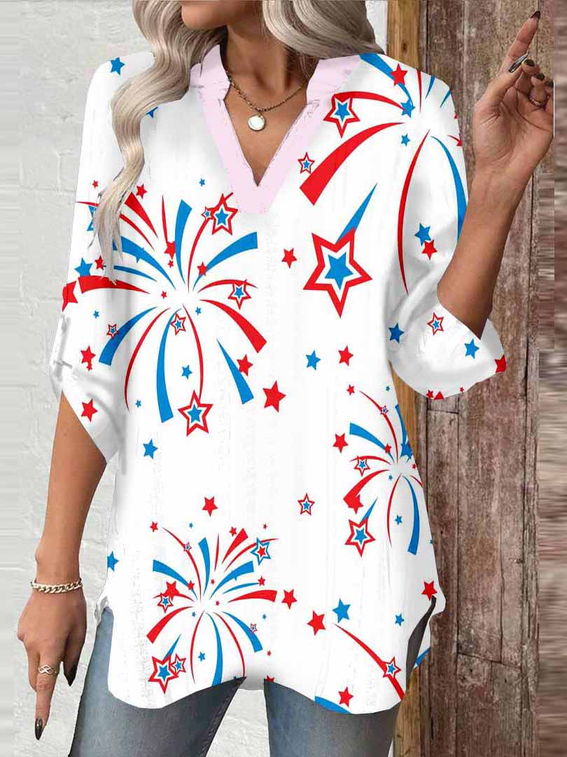 Women  Independence Day, Star, Striped, Blue, Red DZGA0235 3/4 Sleeve V-neck Printed Graphic Button Tops
