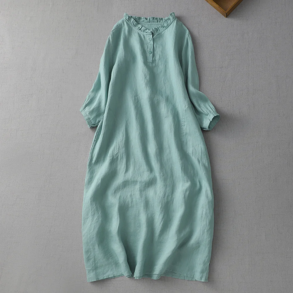 Vintage Cotton Linen Thin Three Quarter Sleeve Dress