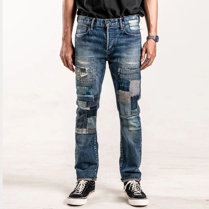 Vintage Distressed Embroidered Patch Paneled Washed Denim Straight Jeans