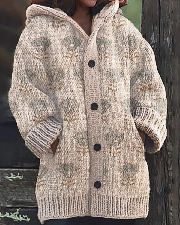 Vintage Floral Print Hooded Cardigan