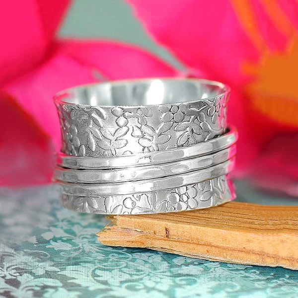 🔥 Last Day Promotion 75% OFF🎁Sterling Silver Flowers Meditation Spinner Wide Band Ring