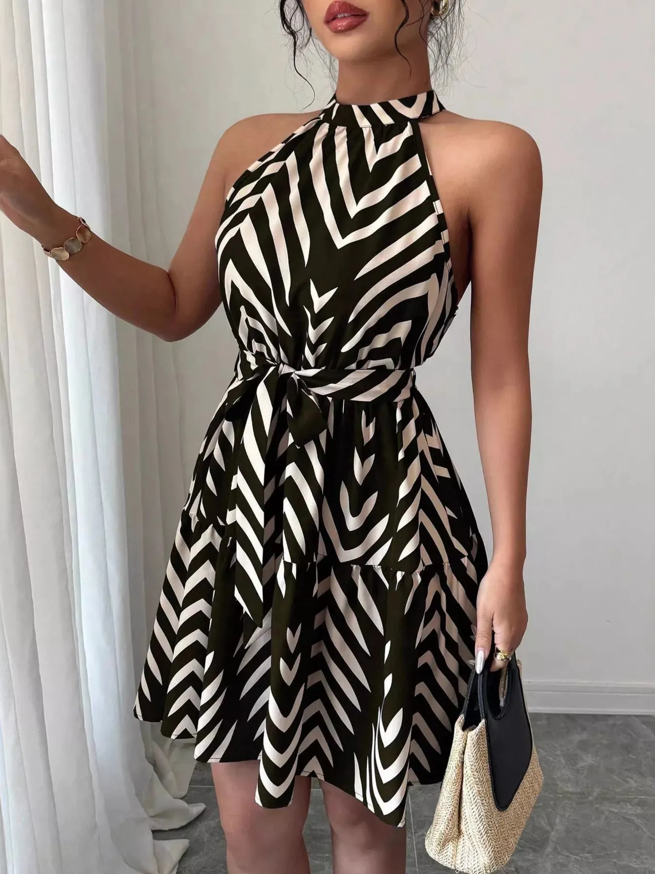 Zebra Print Halter Neck Tie Waist Ruffle Hem Dress mysite idetrend