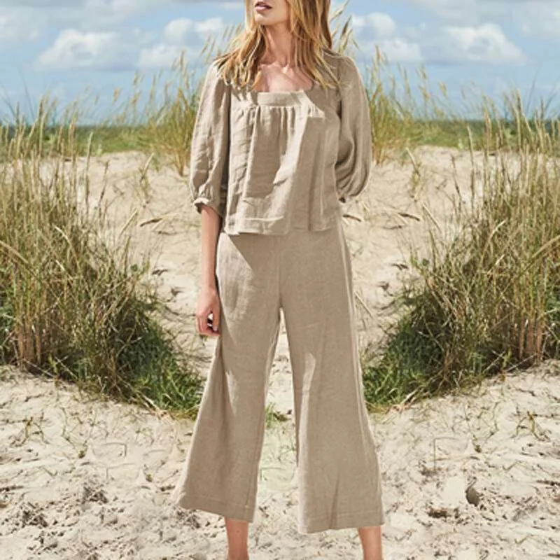 Casual Half Sleeve Square Neck Top And Straight Ninth Pants Suit Women Fashion Solid Loose 2 Piece Set Simple Cotton Linen Suits