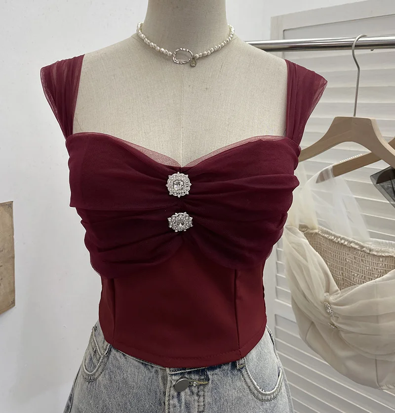 Nigikala Nigikala Shooting Net Red Pure Lust Folding Net Yarn Splicing Sling Sling Vest Bratie Short Sleeveless Top 8039