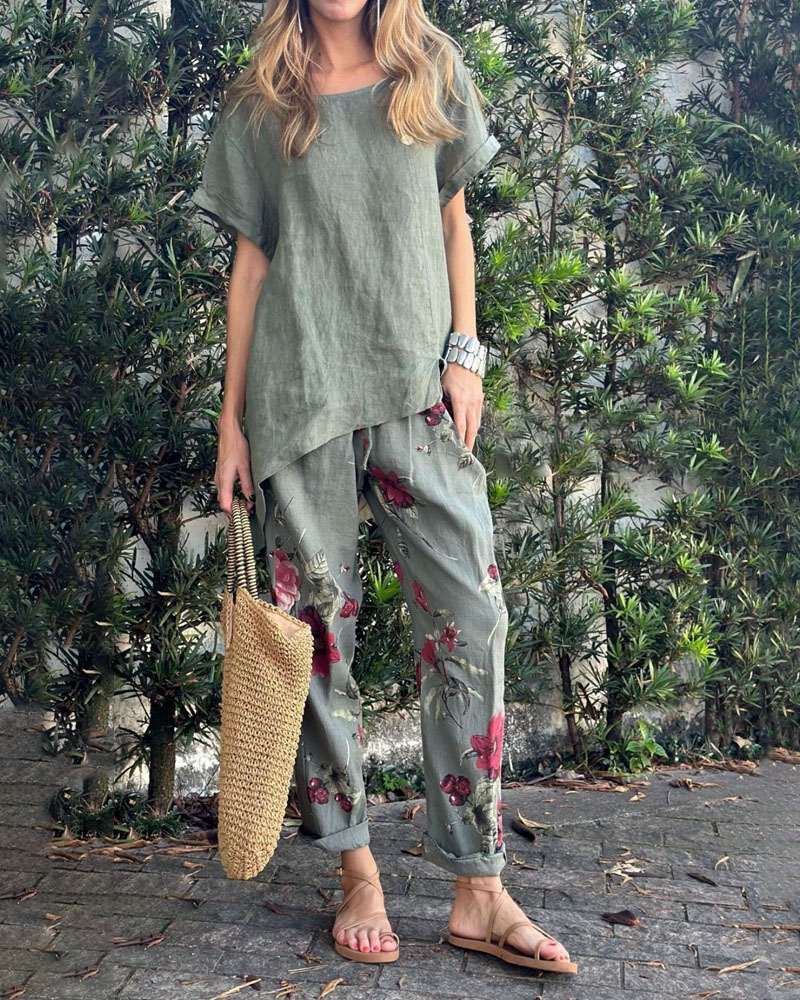Casual Cotton And Linen Round Neck Top & Printed Pants Two-Piece Set