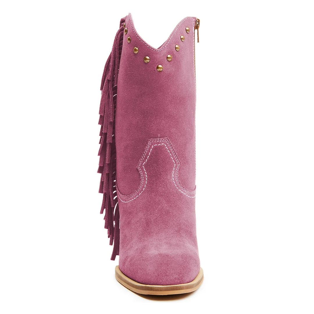 Magenta Vegan Suede Fringe Chunky Heel Western Boots for Women