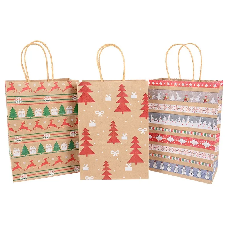 5pcs Kraft Paper Gift Bags Snowflakes Merry Christmas Candy Cookie Packaging Bag Boxes 2022 New Year Party Natal Kids Favors