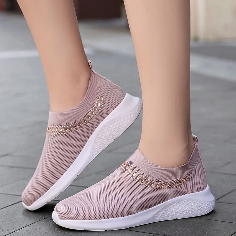 Back to college Women Crystal Sneakers 2022 Woman Flat Mesh Loafer Women's Comfort Vulcanized Ladies White Casual Shoes Trainers Basket Female