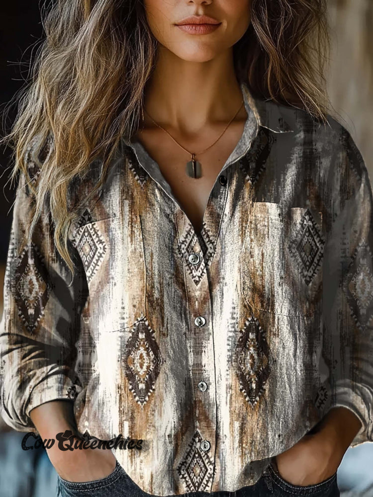 Women’s Retro Ethnic Prismatic Aztec Art Print Casual Long Sleeve Comfortable Cotton Shirt