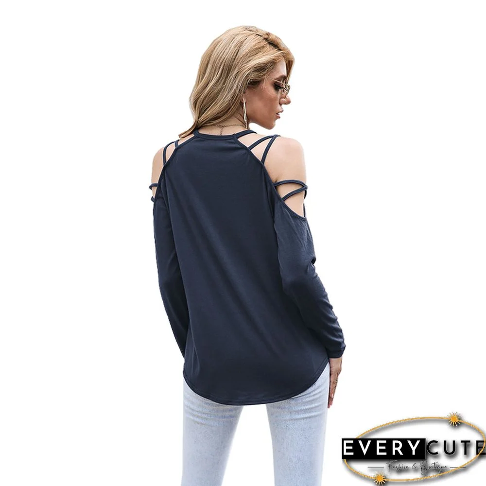 Navy Blue Criss Cross Cold Shoulder Blouse