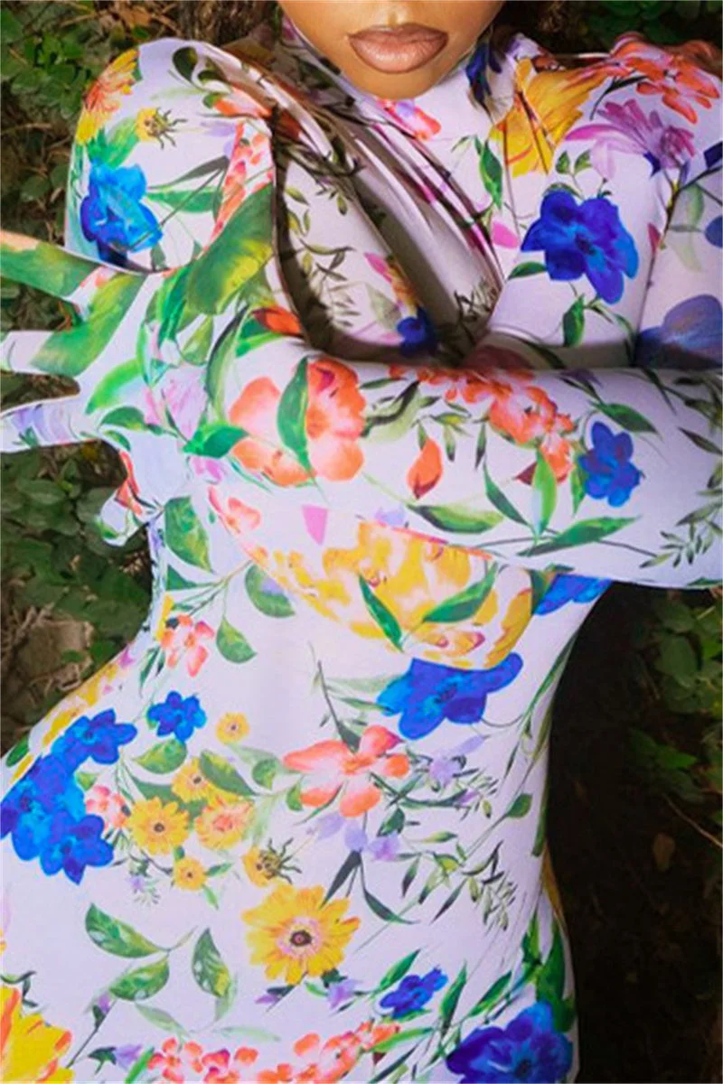 Casual Print Patchwork Turtleneck Skinny Jumpsuits