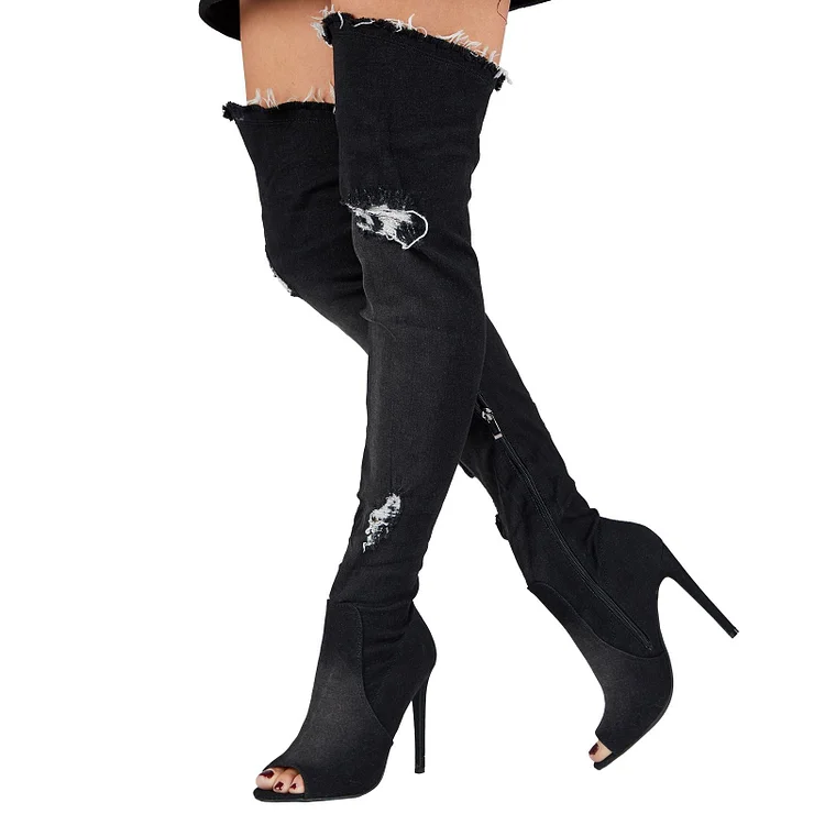 Black Jeans Peep Toe Stiletto Heels Over-The- Knee Denim Boots |FSJ Shoes