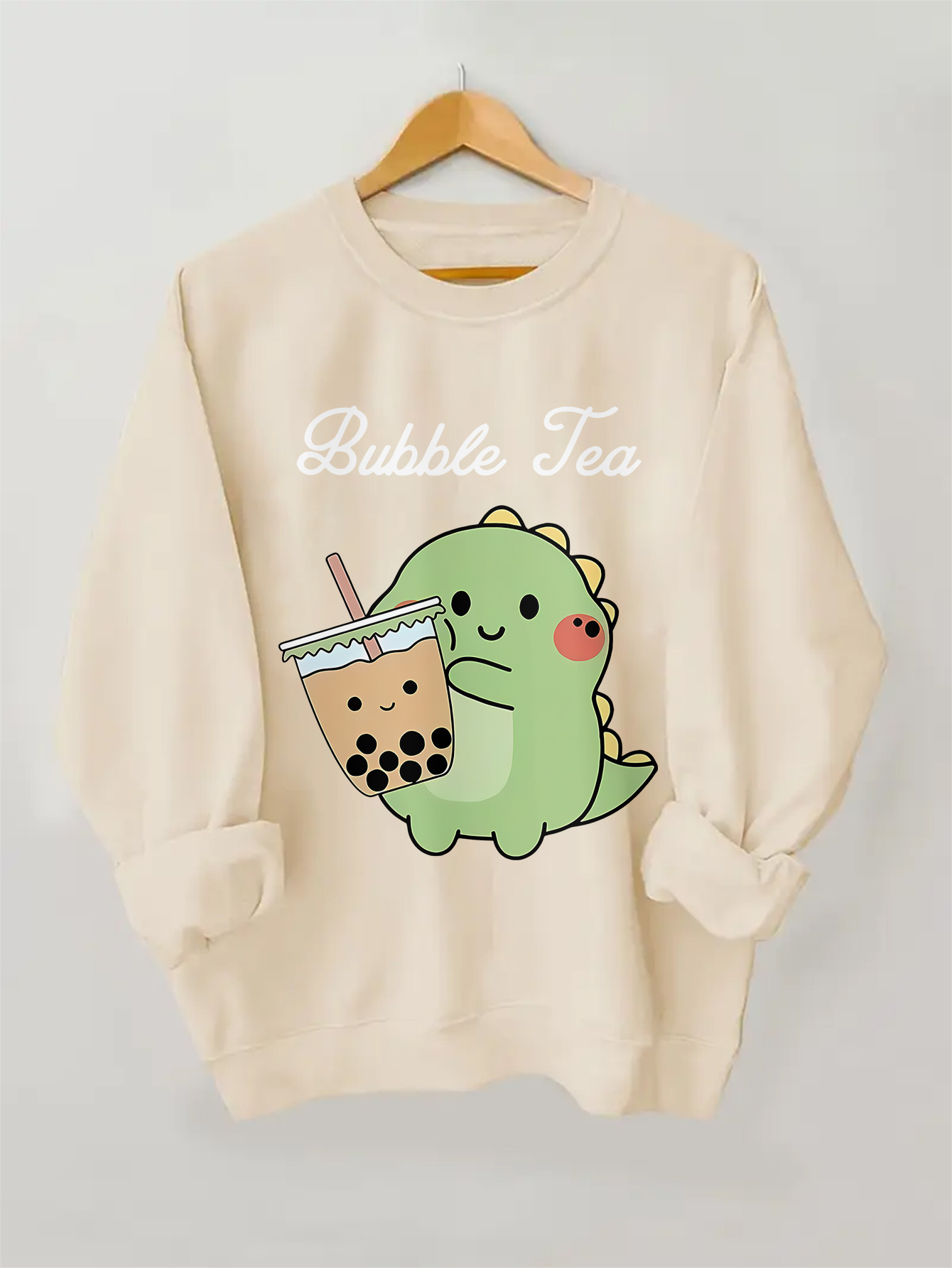 Women's Y2k Dinosaur Graphic Long Sleeve Pullover Sweatshirt - Soft Polyester, Round Neck, All-Season Casual & Sporty Top With Bubble Tea Design, Dinosaur Clothe | IFYHOME