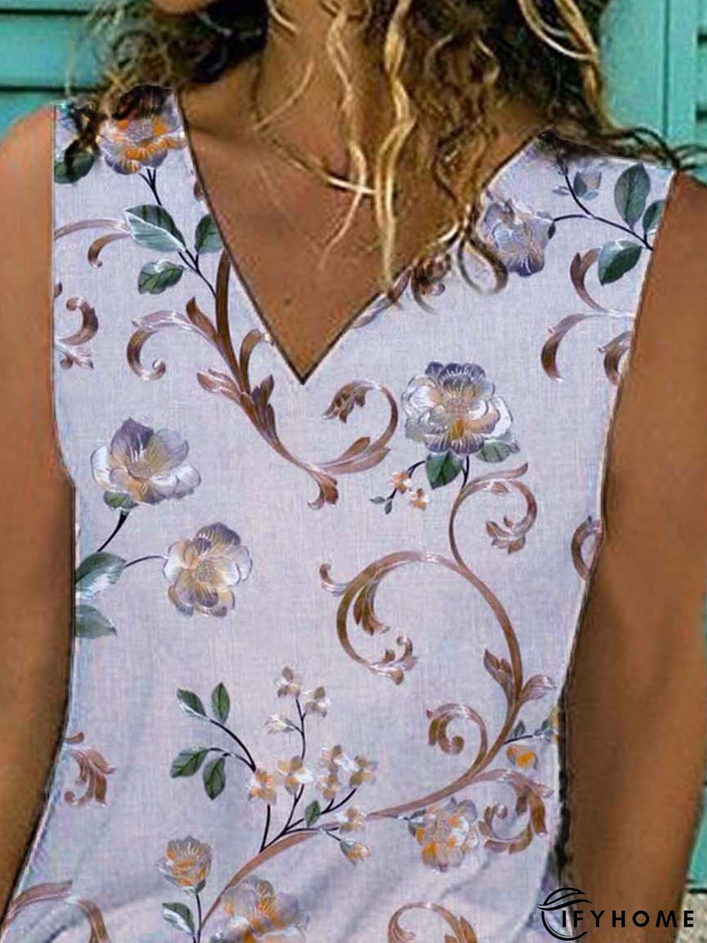 Floral Sleeveless Printed Cotton-blend V neck Holiday Summer White Top | IFYHOME