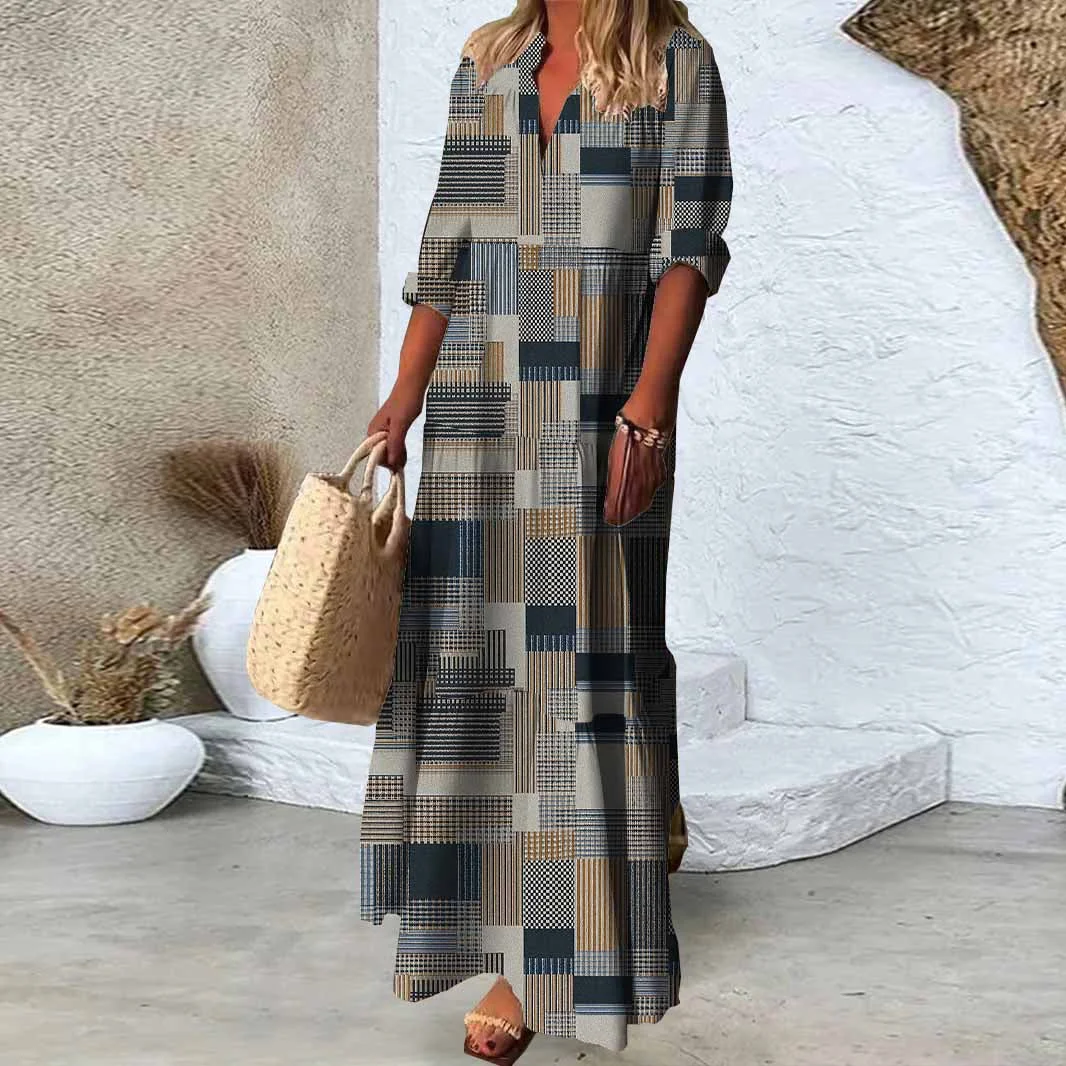 Women Patchwork,Grey,Black DZDN0887 SPU Printed Long Sleeve V-neck Maxi Dress