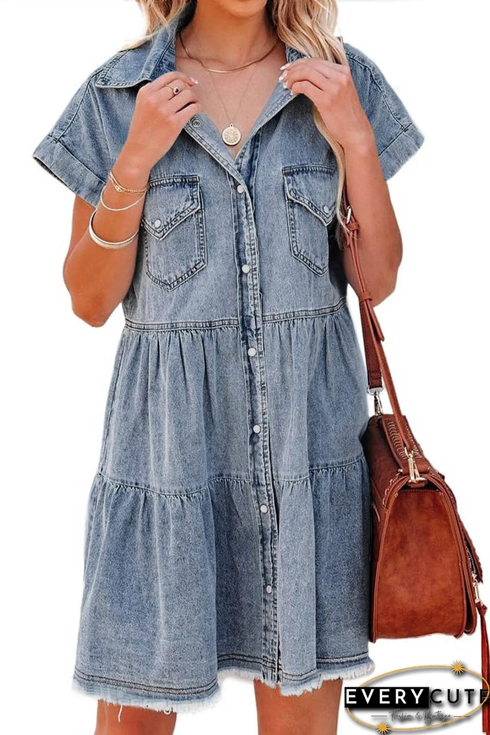 Gray Buttoned Frayed Pocket Short Sleeve Denim Dress