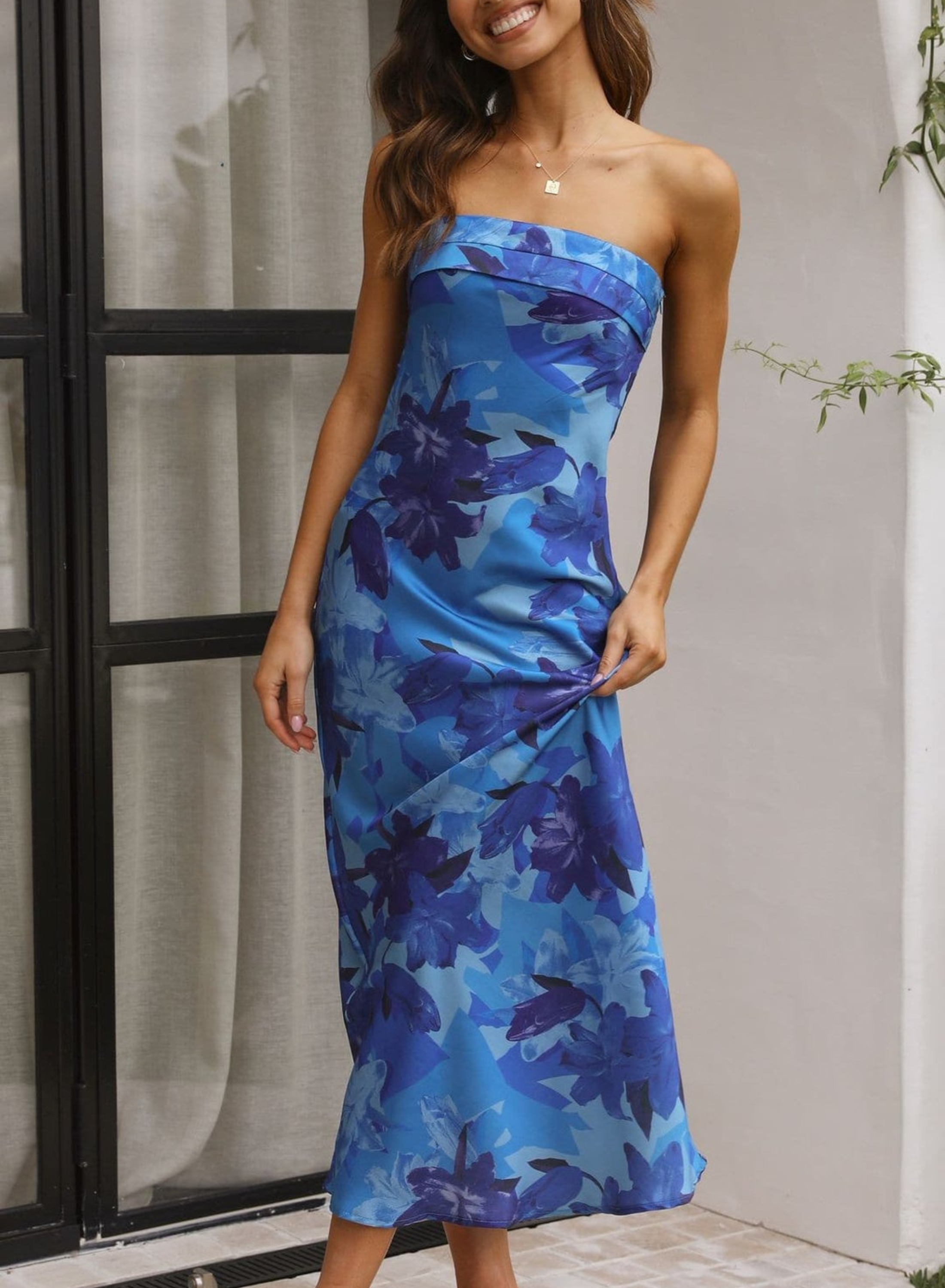 Women's Dresses Floral Satin Folded Over Bust Maxi Dress