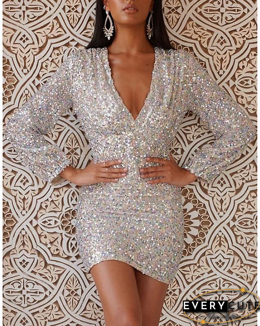 Womens Sheath Dress Short Mini Silver Long Sleeve Solid Color Print Summer Neck Hot Sexy
