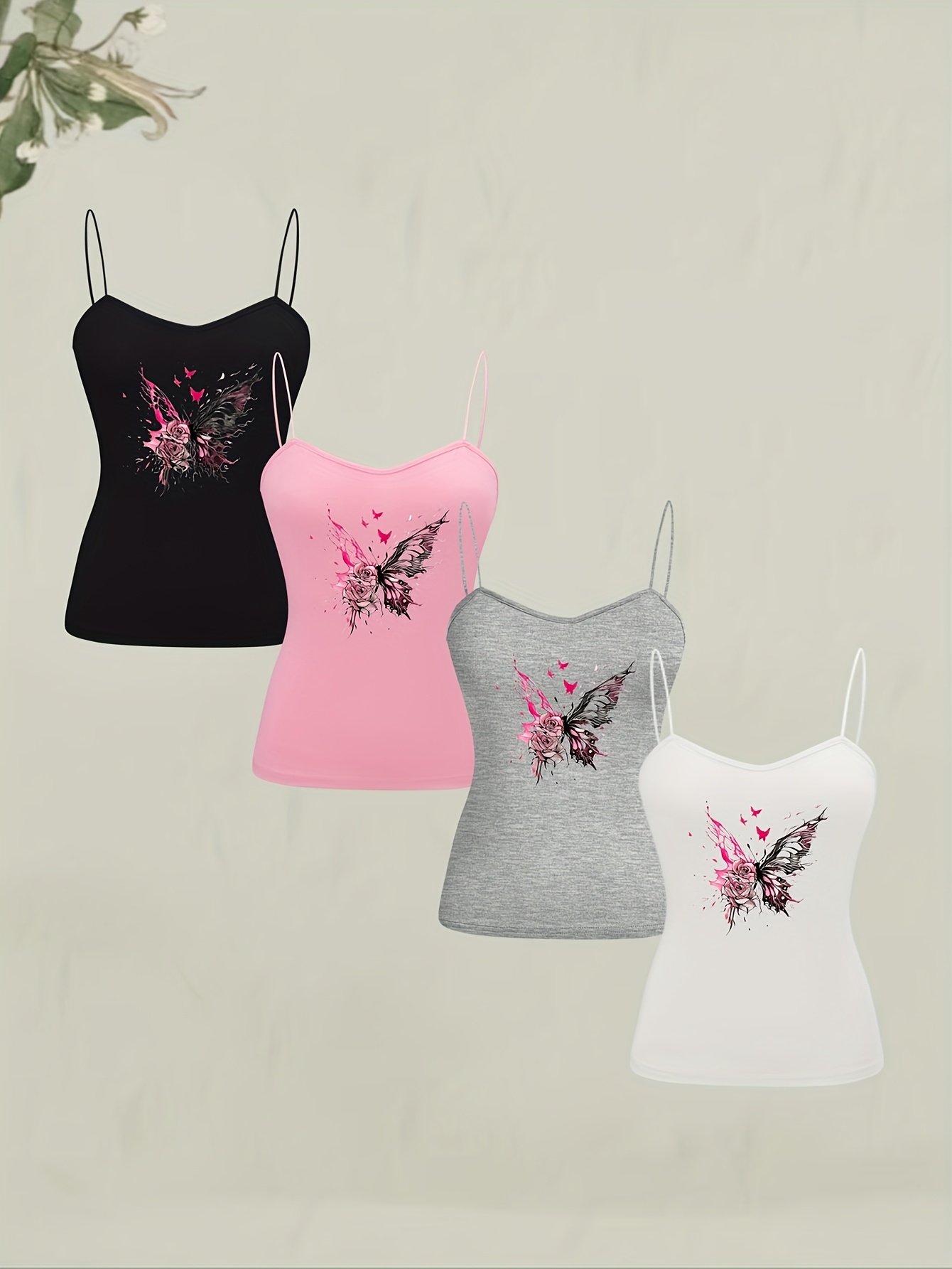 4pcs Women's Butterfly Flower Suspender Tops, Sexy Strapless Sleeveless Spaghetti Straps, Elegant Spring/Summer/Autumn Clothing, Spring Fashion Outfit | IFYHOME
