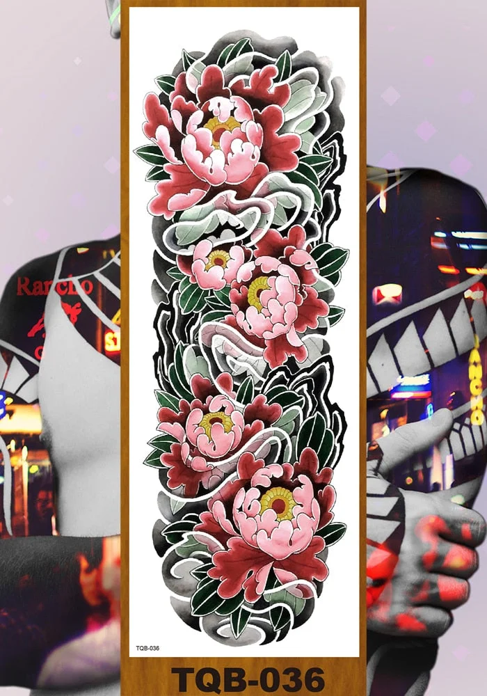 Full Arm Temporary Tattoo Sticker Man Woman Girls Body Leg Fake Tatoo Lotus Peony Rose Magnolia Flowers Totem Makeup Waterproof