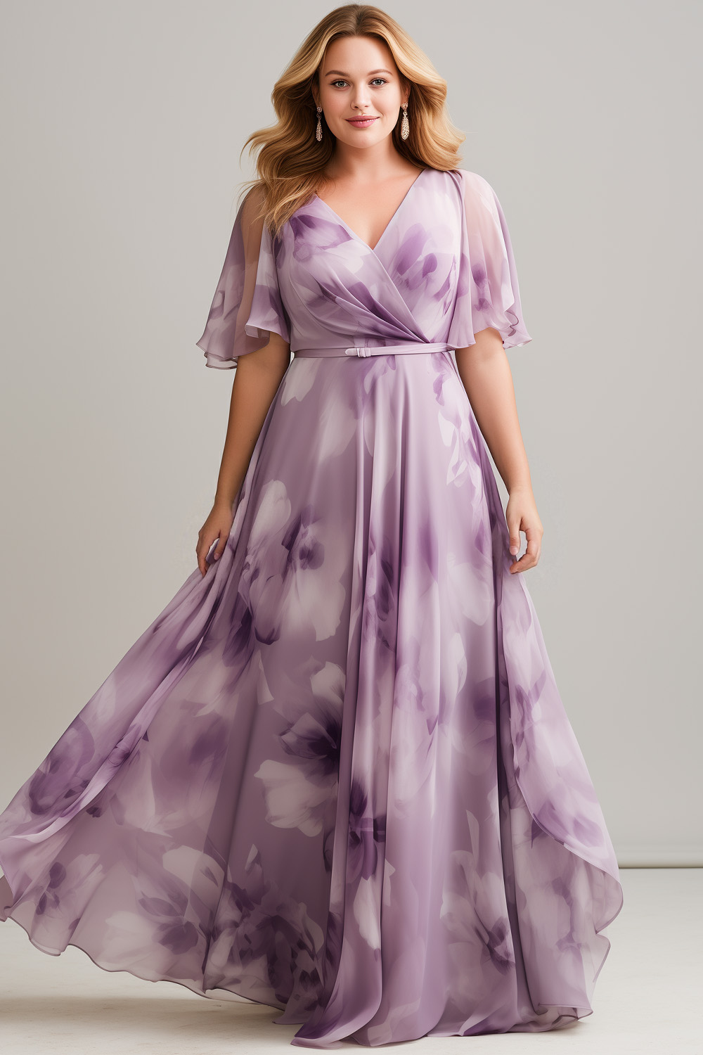 Flycurvy Plus Size Wedding Guest Purple Chiffon Floral Print Wrap Flutter Sleeve Maxi Dress 2024 - Flycurvy 