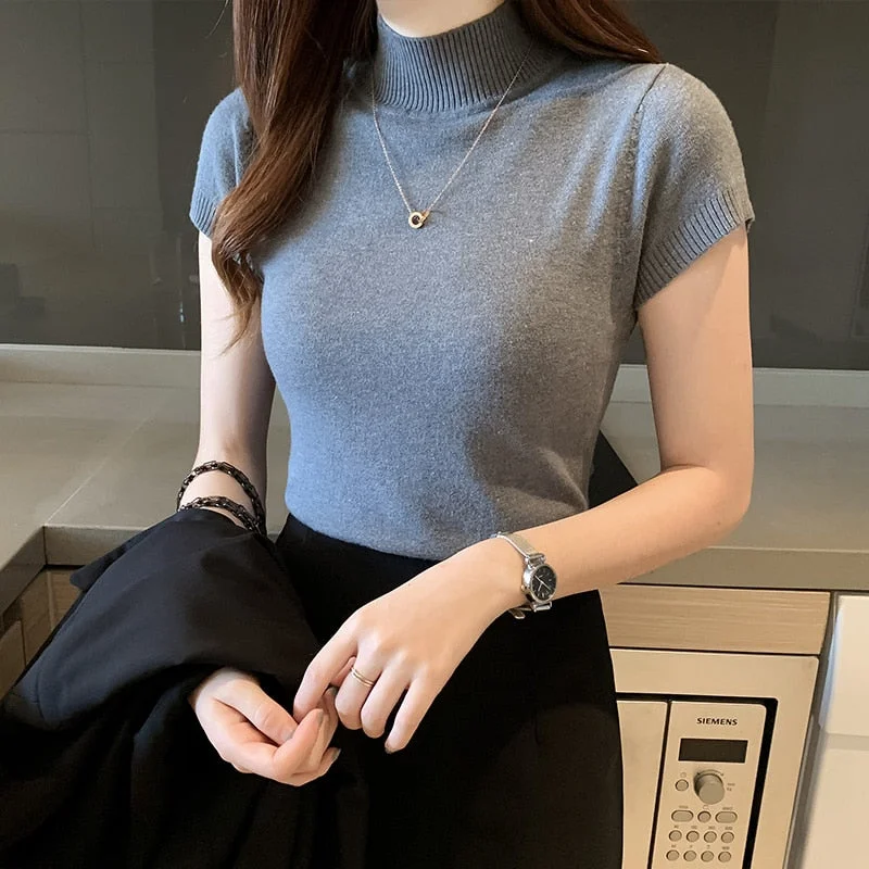 Korean Clothing Khaki Knitted Women Tops Women's Turtleneck Blouse Summer Casual Slim Short Sleeve Blouses Top Blusas Mujer 8622