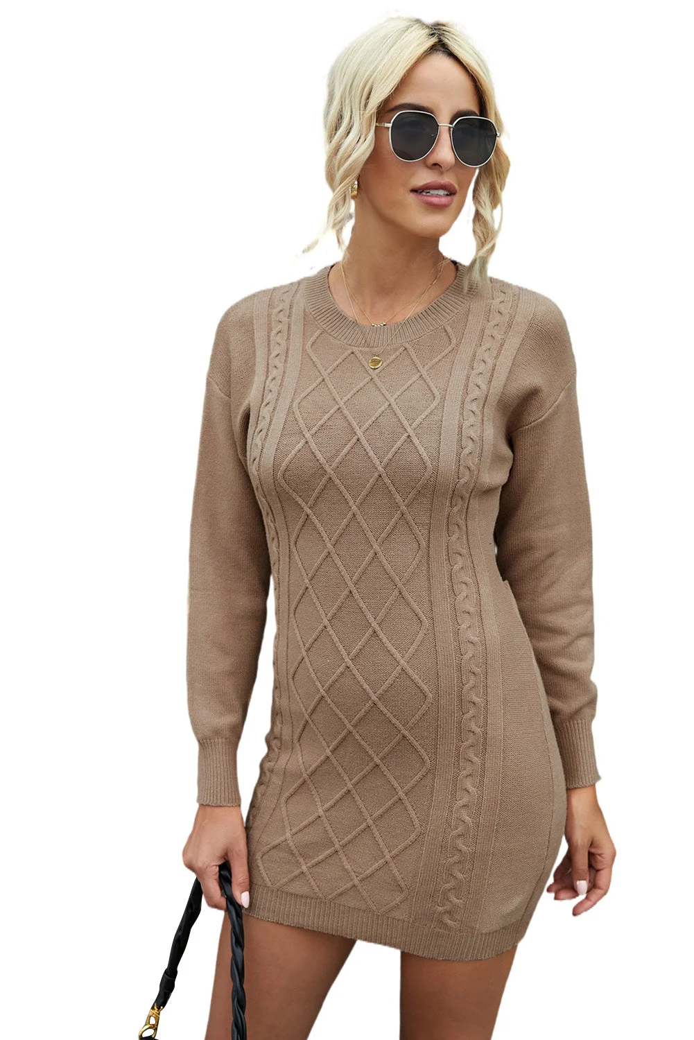 Women Aprciot Geometric Texture Bodycon Sweater Dress