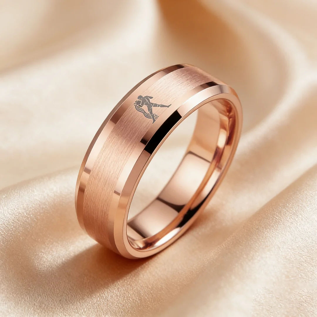 Beveled Edges Rose Gold Laser Etched Tungsten Carbide Ring Rose Gold Aquarius Couple Wedding Bands 4MM 6MM 8MM Width