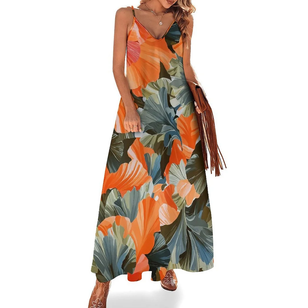 Style & Comfort for Mature Women Plus Size Printed Sling Casual Women Maxi Dress in Pattern Petals, Purple, Blue
