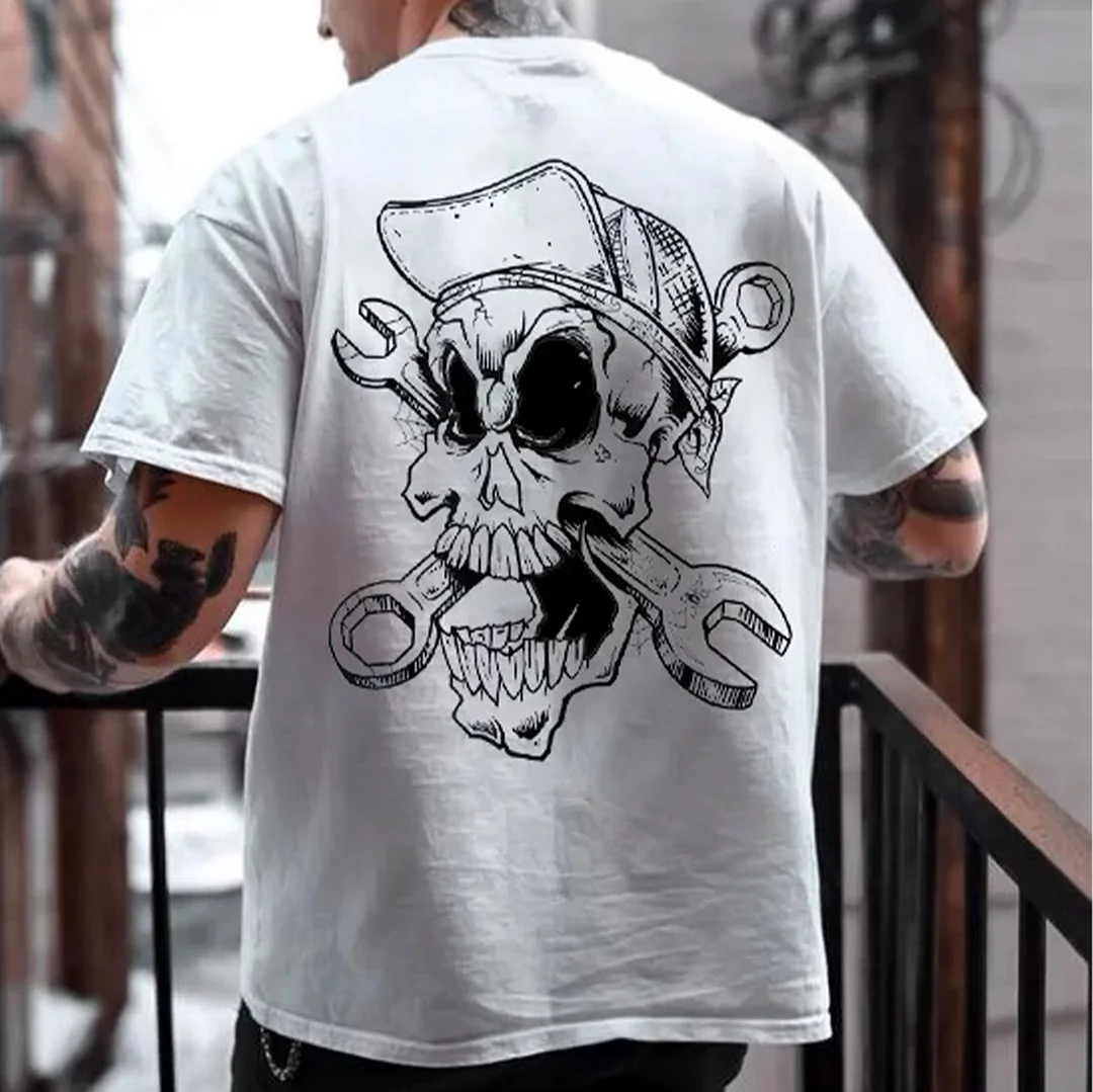 Crazy Skull with Motor Handles White Print T-Shirt