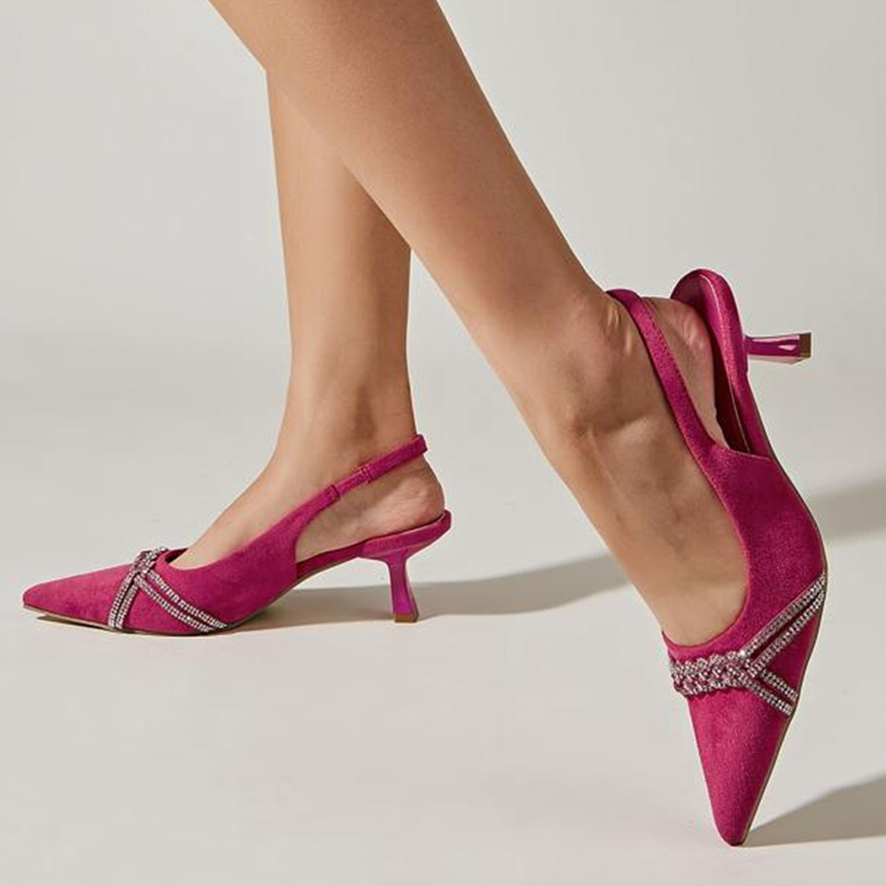 Pink Vegan Suede Closed Toe Kitten Heel Rhinestone Slingback Pumps Nicepairs