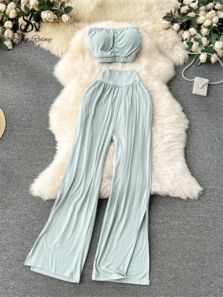 Huibahe Korean Style Hotsweet Sets Sexy Strapless Short Tops+Basics High Waist Split Wide Leg Pants Fashion Casual Beach Suits