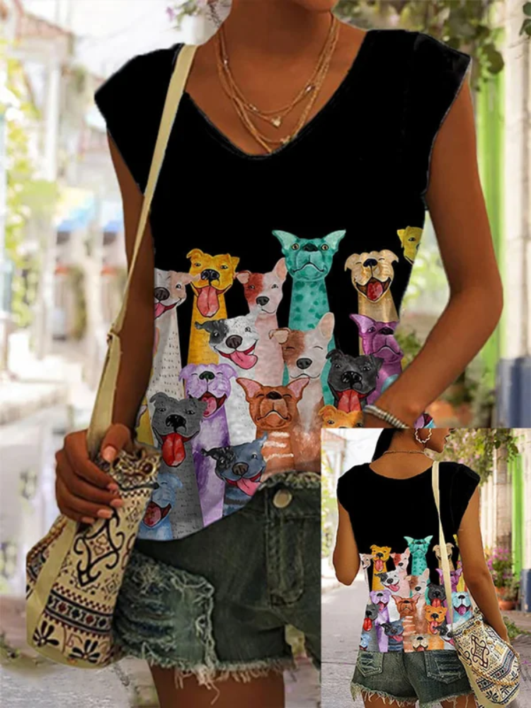 Women's Cute Dogs Print Sleeveless Tee