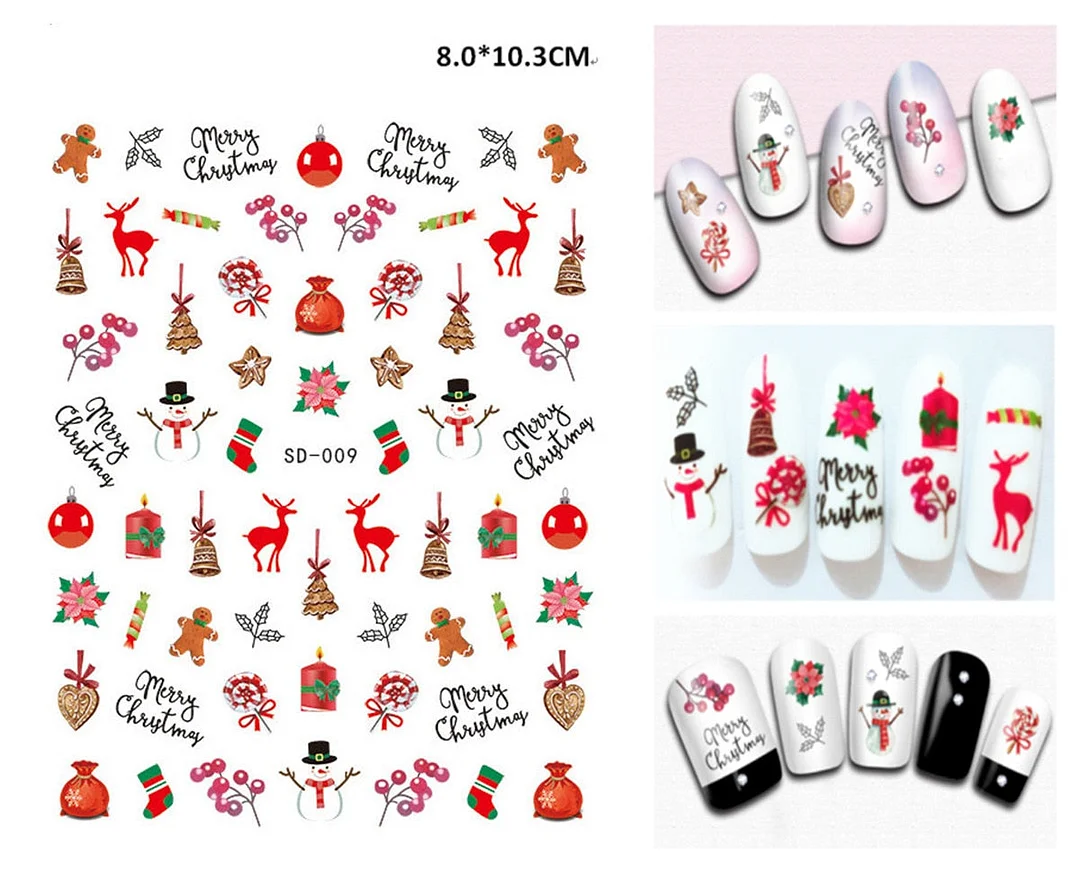 Merry Christmas 3D Nails Sticker Winter Cute Cartoon Sliders Snowflake Elk Xmas Tree Decal UV Gel Polisn Manicures Foils Decor-Nail Inspo