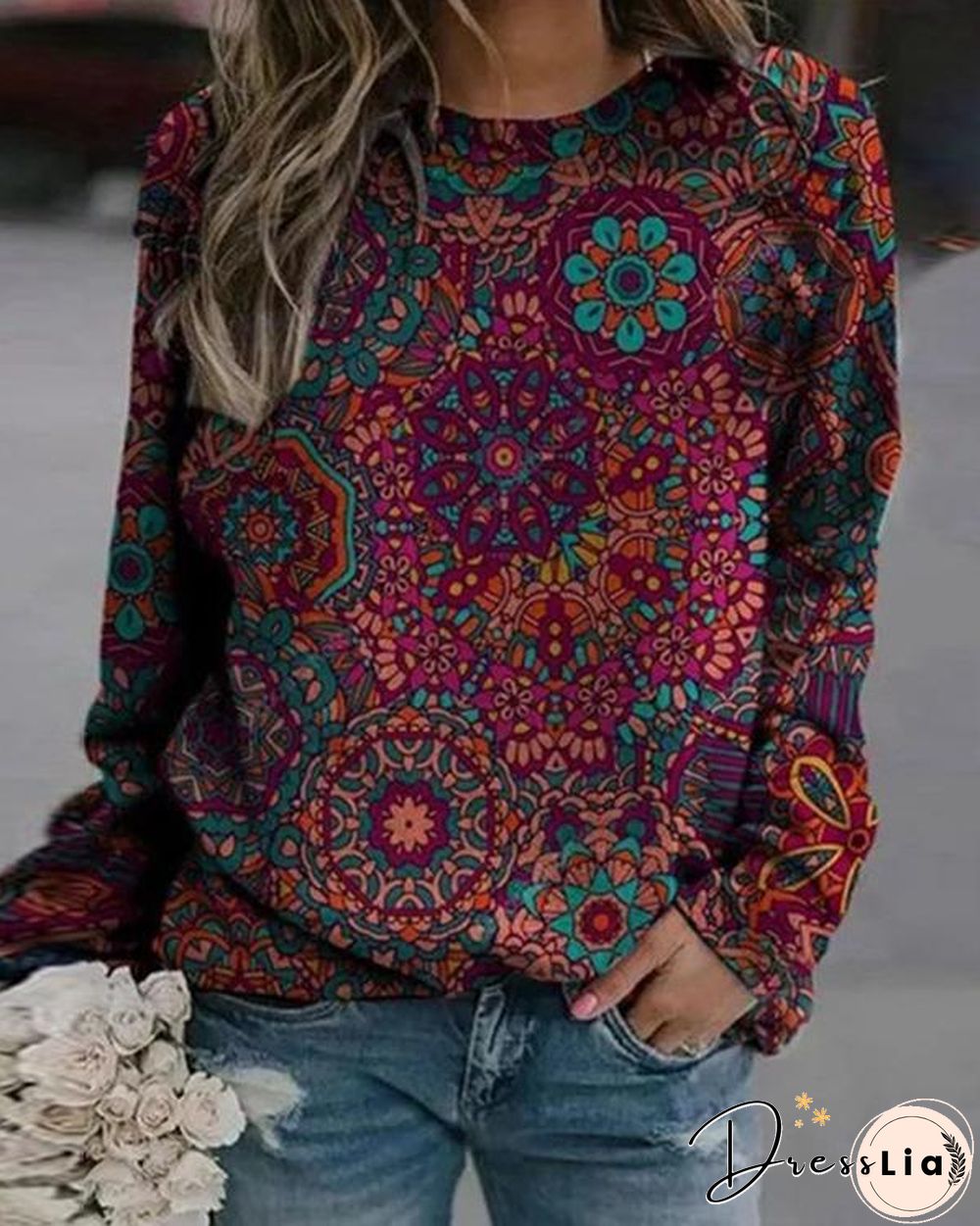 Round Neckline Vintage Print Casual Loose Regular Sweatshirt